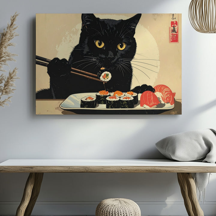 Sushi-Eating Black Cat Canvas – Japanese-Style Feline with Chopsticks - Gifitto