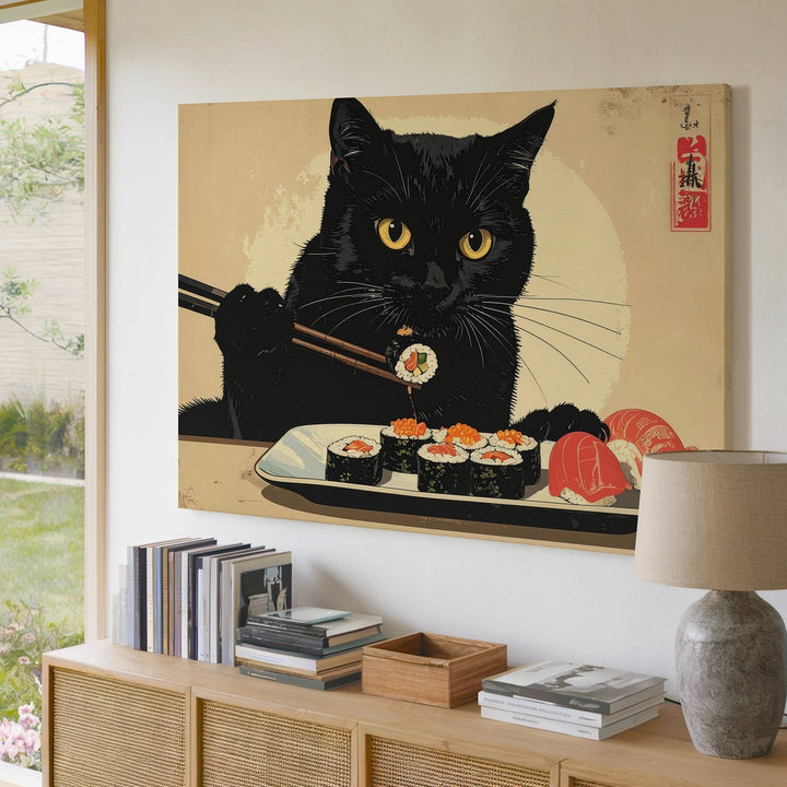 Sushi-Eating Black Cat Canvas – Japanese-Style Feline with Chopsticks - Gifitto