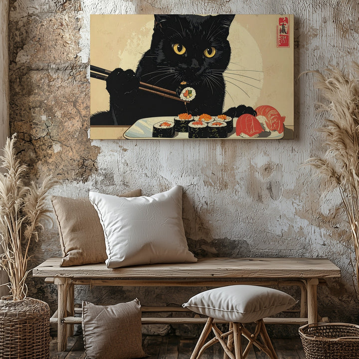Sushi-Eating Black Cat Canvas – Japanese-Style Feline with Chopsticks - Gifitto