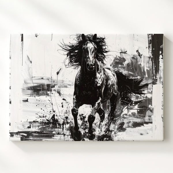 Ink Rush Canvas – Monochrome Galloping Horse in Brushstroke Motion - Gifitto