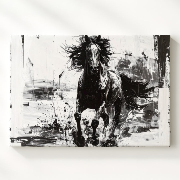 Ink Rush Canvas – Monochrome Galloping Horse in Brushstroke Motion - Gifitto