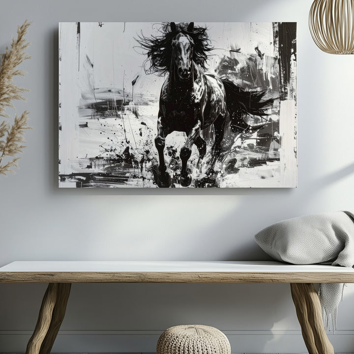 Ink Rush Canvas – Monochrome Galloping Horse in Brushstroke Motion - Gifitto