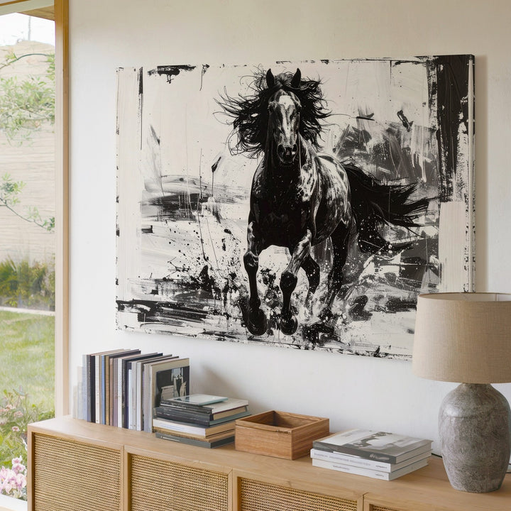 Ink Rush Canvas – Monochrome Galloping Horse in Brushstroke Motion - Gifitto