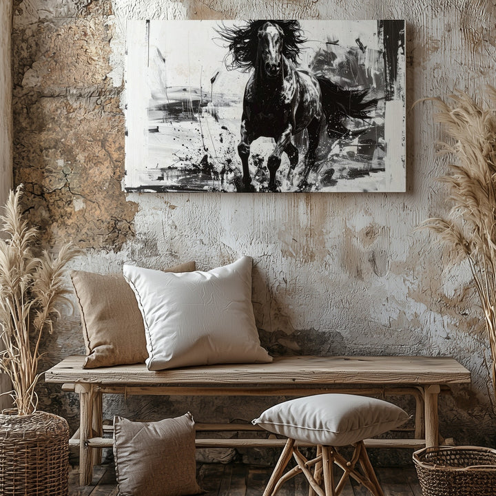 Ink Rush Canvas – Monochrome Galloping Horse in Brushstroke Motion - Gifitto