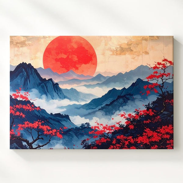 Red Sun & Misty Mountains Canvas – Traditional East Asian-Inspired Landscape Art - Gifitto