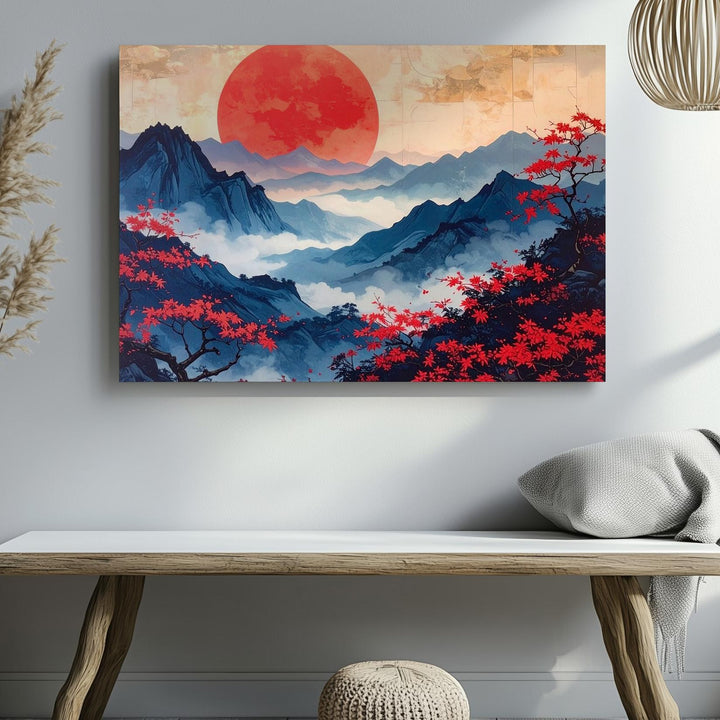 Red Sun & Misty Mountains Canvas – Traditional East Asian-Inspired Landscape Art - Gifitto