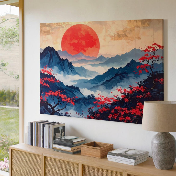 Red Sun & Misty Mountains Canvas – Traditional East Asian-Inspired Landscape Art - Gifitto