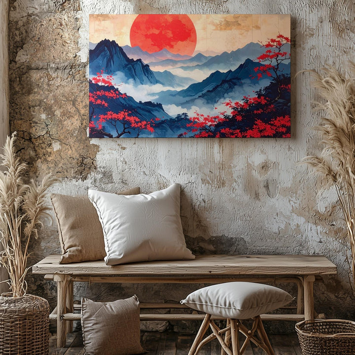 Red Sun & Misty Mountains Canvas – Traditional East Asian-Inspired Landscape Art - Gifitto