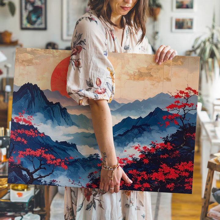 Red Sun & Misty Mountains Canvas – Traditional East Asian-Inspired Landscape Art - Gifitto