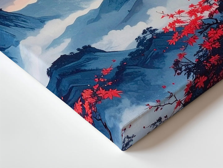 Red Sun & Misty Mountains Canvas – Traditional East Asian-Inspired Landscape Art - Gifitto