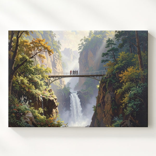 Misty Waterfall Bridge Canvas – Serene Forest Gorge Landscape Wall Art - Gifitto