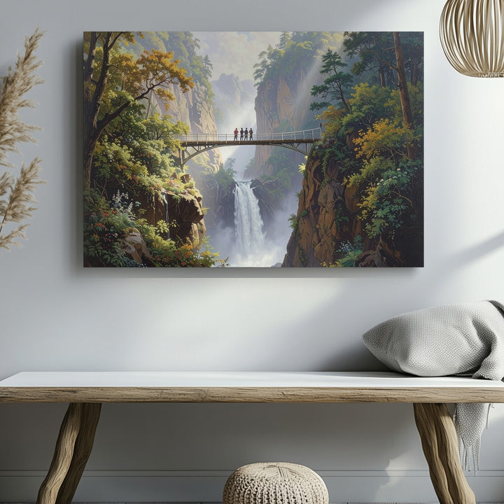 Misty Waterfall Bridge Canvas – Serene Forest Gorge Landscape Wall Art - Gifitto