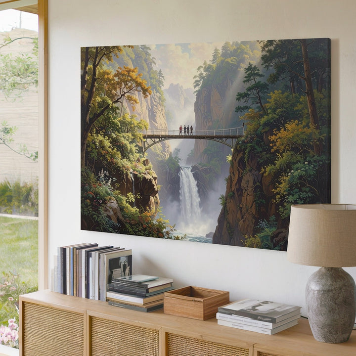 Misty Waterfall Bridge Canvas – Serene Forest Gorge Landscape Wall Art - Gifitto