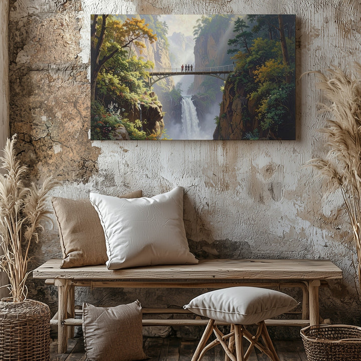 Misty Waterfall Bridge Canvas – Serene Forest Gorge Landscape Wall Art - Gifitto