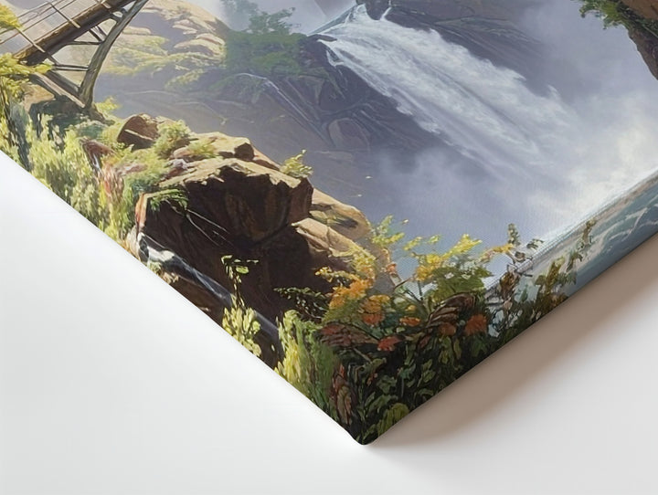 Misty Waterfall Bridge Canvas – Serene Forest Gorge Landscape Wall Art - Gifitto