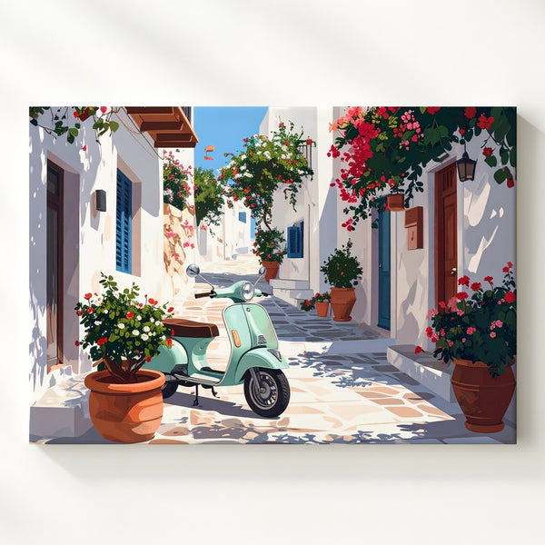 Mediterranean Vespa Alley Canvas – Sunlit Village Wall Art - Gifitto