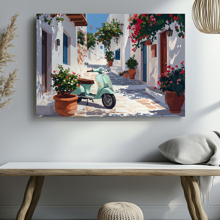 Mediterranean Vespa Alley Canvas – Sunlit Village Wall Art - Gifitto