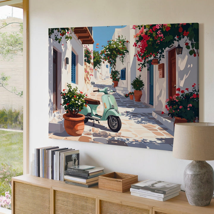 Mediterranean Vespa Alley Canvas – Sunlit Village Wall Art - Gifitto