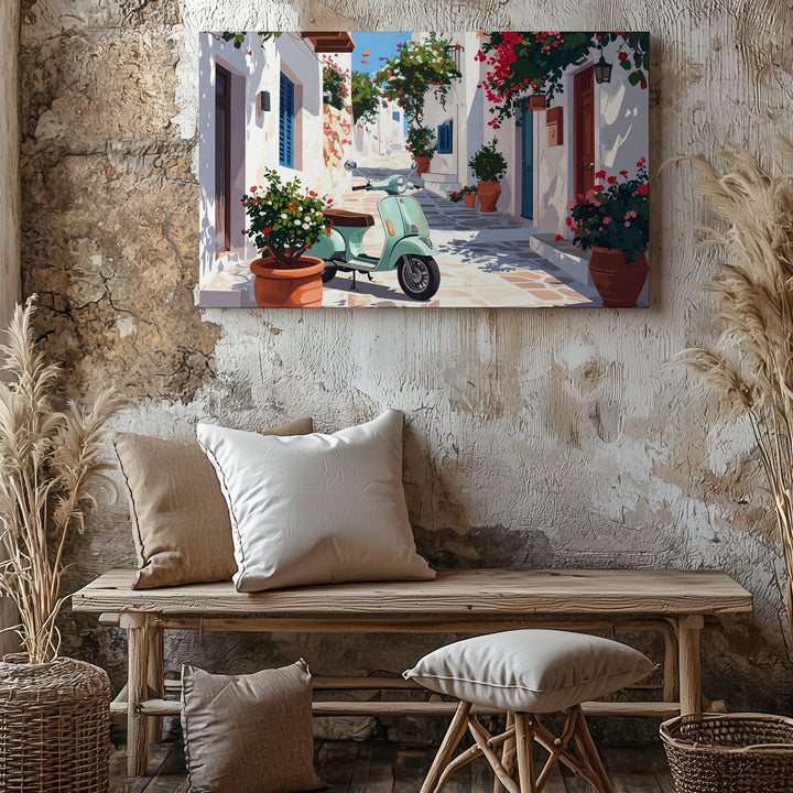 Mediterranean Vespa Alley Canvas – Sunlit Village Wall Art - Gifitto