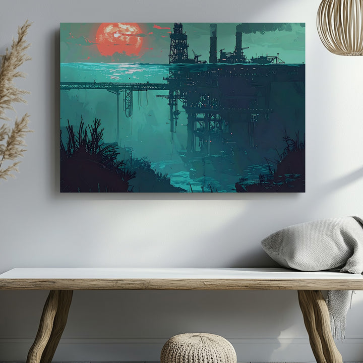 Submerged Industry Canvas – Surreal Deep-Sea Oil Platform Illustration - Gifitto