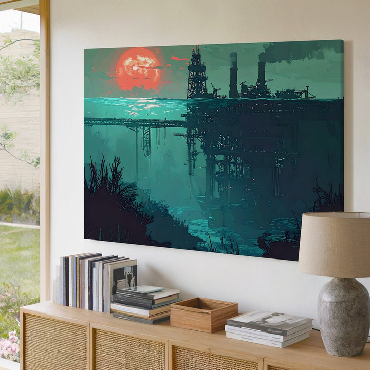 Submerged Industry Canvas – Surreal Deep-Sea Oil Platform Illustration - Gifitto