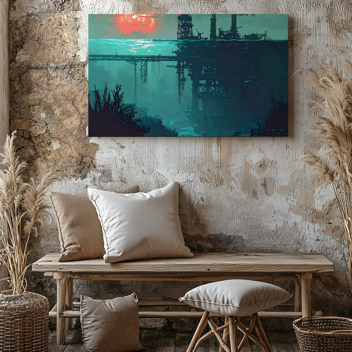 Submerged Industry Canvas – Surreal Deep-Sea Oil Platform Illustration - Gifitto