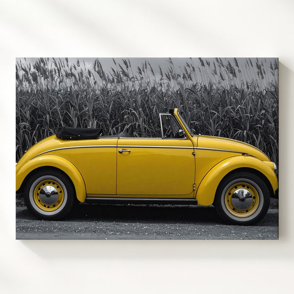 Yellow VW Beetle Canvas – Selective Color Retro Convertible on Rural Road - Gifitto