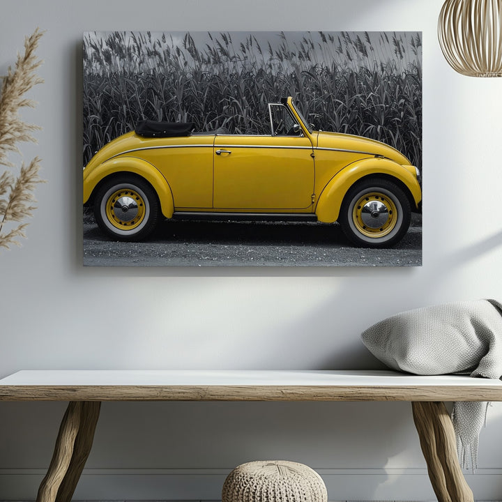 Yellow VW Beetle Canvas – Selective Color Retro Convertible on Rural Road - Gifitto