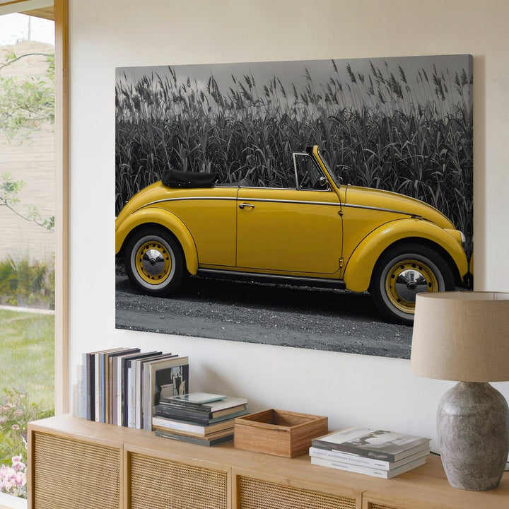 Yellow VW Beetle Canvas – Selective Color Retro Convertible on Rural Road - Gifitto