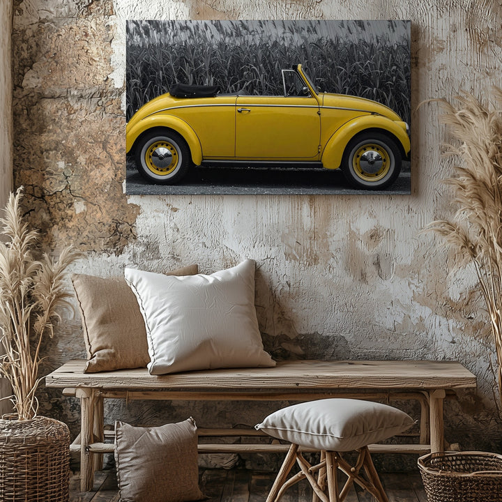 Yellow VW Beetle Canvas – Selective Color Retro Convertible on Rural Road - Gifitto