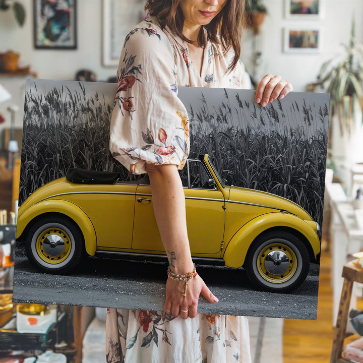 Yellow VW Beetle Canvas – Selective Color Retro Convertible on Rural Road - Gifitto