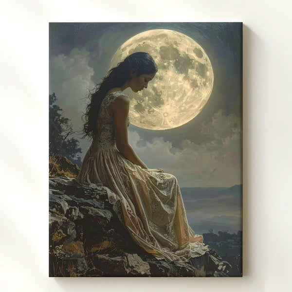Moonlit Solitude Canvas – Dreamy Sepia-Toned Woman Under Full Moon - Gifitto