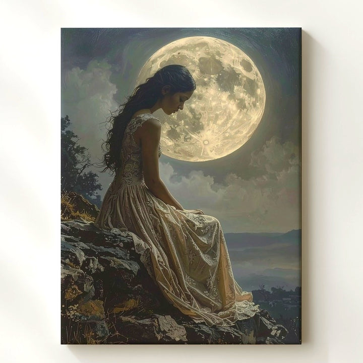 Moonlit Solitude Canvas – Dreamy Sepia-Toned Woman Under Full Moon - Gifitto