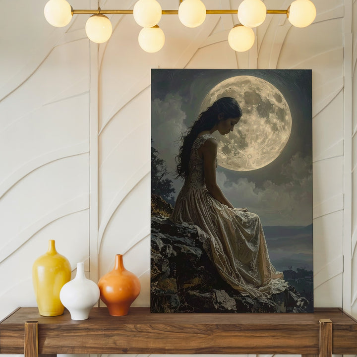 Moonlit Solitude Canvas – Dreamy Sepia-Toned Woman Under Full Moon - Gifitto