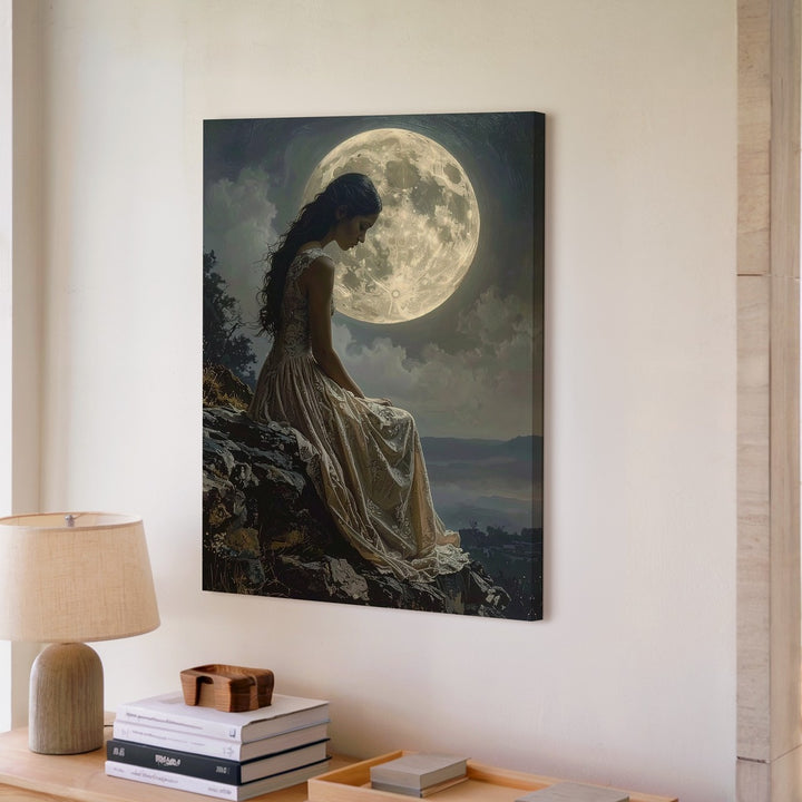 Moonlit Solitude Canvas – Dreamy Sepia-Toned Woman Under Full Moon - Gifitto