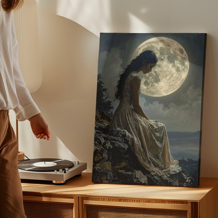 Moonlit Solitude Canvas – Dreamy Sepia-Toned Woman Under Full Moon - Gifitto