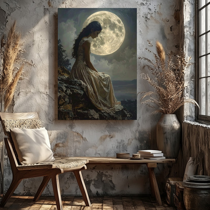 Moonlit Solitude Canvas – Dreamy Sepia-Toned Woman Under Full Moon - Gifitto