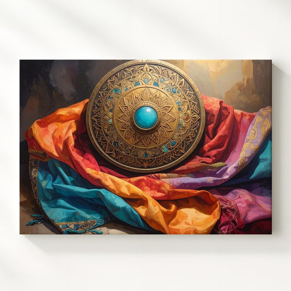 Ornate Decorative Object Canvas – Gold and Blue Medallion with Vibrant Fabrics - Gifitto