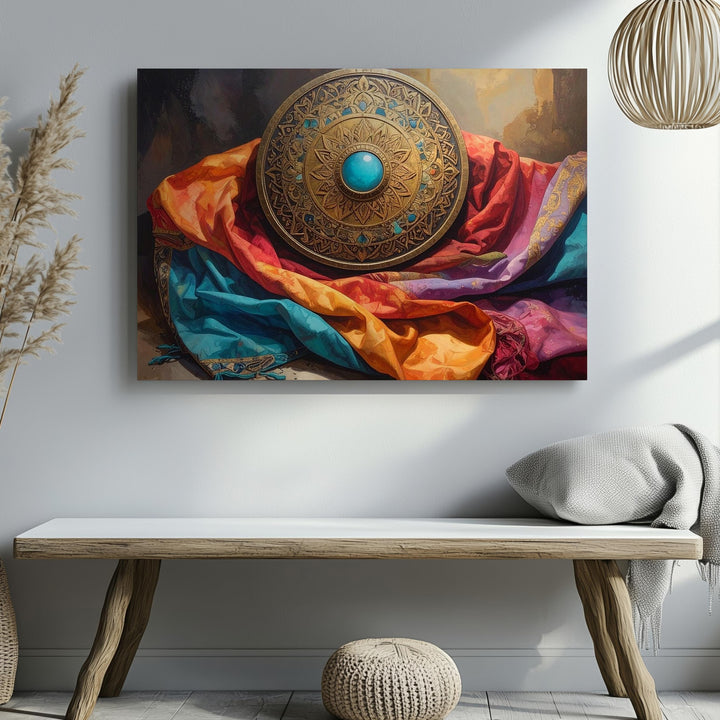 Ornate Decorative Object Canvas – Gold and Blue Medallion with Vibrant Fabrics - Gifitto