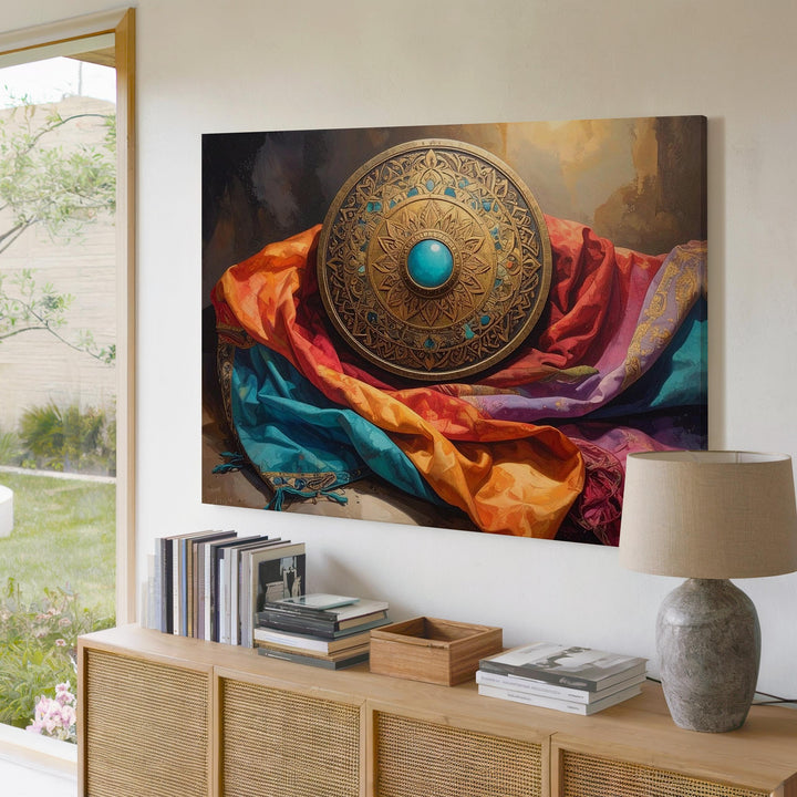 Ornate Decorative Object Canvas – Gold and Blue Medallion with Vibrant Fabrics - Gifitto