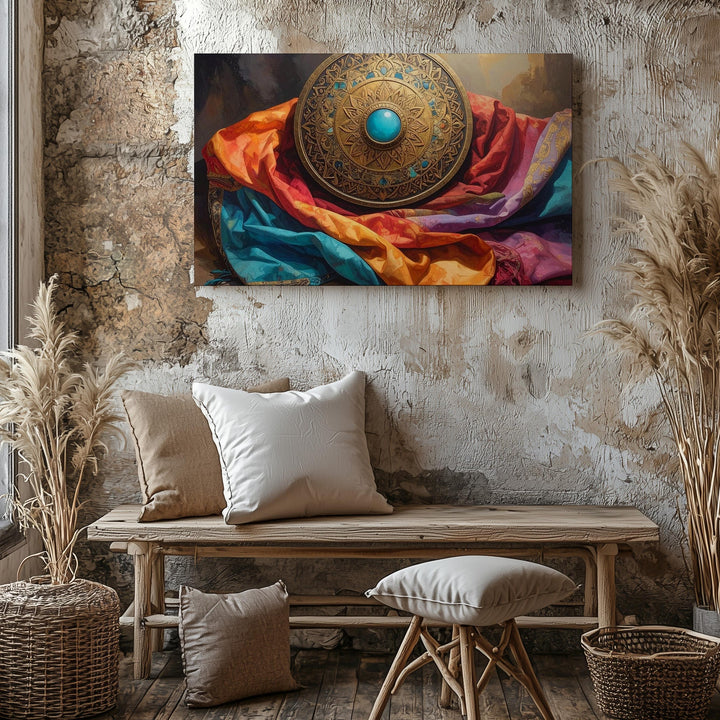 Ornate Decorative Object Canvas – Gold and Blue Medallion with Vibrant Fabrics - Gifitto