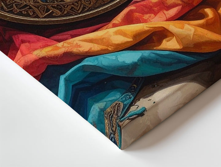 Ornate Decorative Object Canvas – Gold and Blue Medallion with Vibrant Fabrics - Gifitto