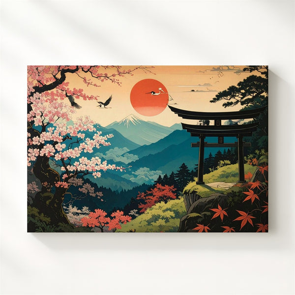Spring Harmony Canvas – Torii, Cranes & Cherry Blossoms in Japanese Vintage Style - Gifitto