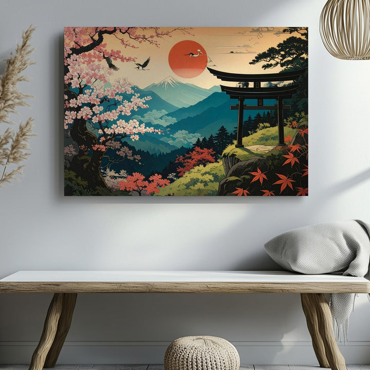 Spring Harmony Canvas – Torii, Cranes & Cherry Blossoms in Japanese Vintage Style - Gifitto