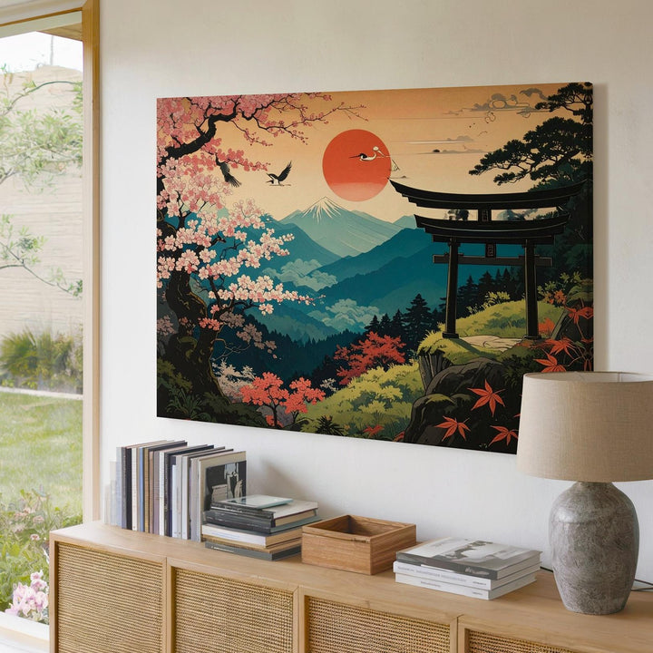 Spring Harmony Canvas – Torii, Cranes & Cherry Blossoms in Japanese Vintage Style - Gifitto