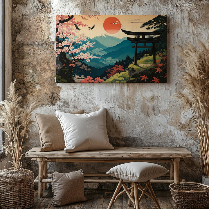 Spring Harmony Canvas – Torii, Cranes & Cherry Blossoms in Japanese Vintage Style - Gifitto
