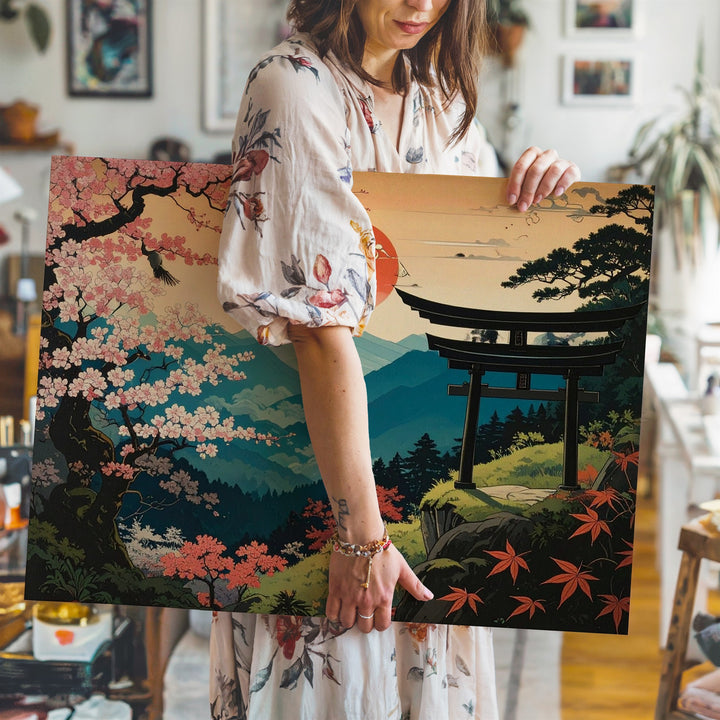 Spring Harmony Canvas – Torii, Cranes & Cherry Blossoms in Japanese Vintage Style - Gifitto