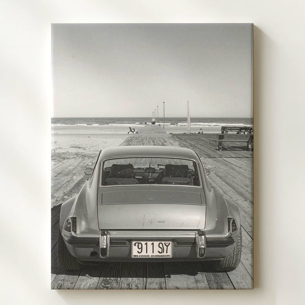 Vintage Porsche 911 Convertible Canvas – Black-and-White Coastal Car Art - Gifitto