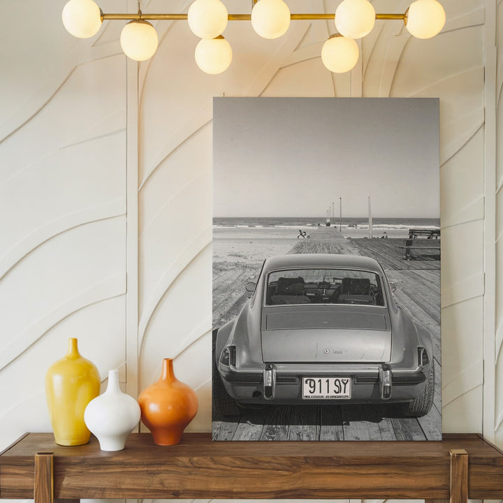 Vintage Porsche 911 Convertible Canvas – Black-and-White Coastal Car Art - Gifitto
