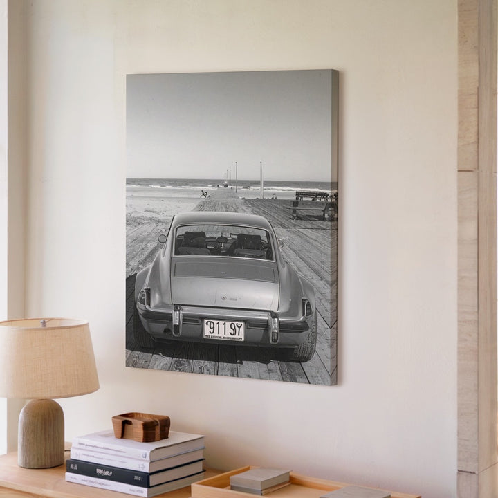 Vintage Porsche 911 Convertible Canvas – Black-and-White Coastal Car Art - Gifitto